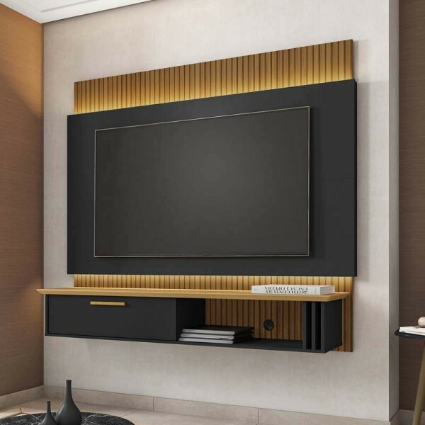 Painel Paris Preto/Cinamomo 3D C/ Led TV at 65 Polegadas Larg. 1.60m - Bechara