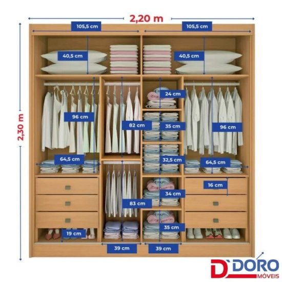 Guarda-roupa Casal 2,20m Titanium Cinamomo/Off 2 Portas 6 Gavetas 100% MDF com 1 Espelho Portas Flex - D Doro