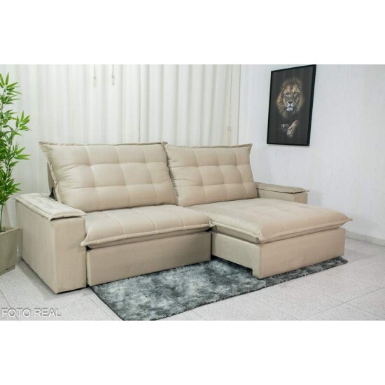 Sof� Retr�til Reclin�vel Atenas 2.90m Veludo Bege 818 - D33 e Molas Ensacadas