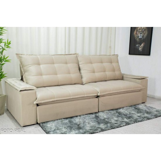 Sof� Retr�til Reclin�vel Atenas 2.90m Veludo Bege 818 - D33 e Molas Ensacadas