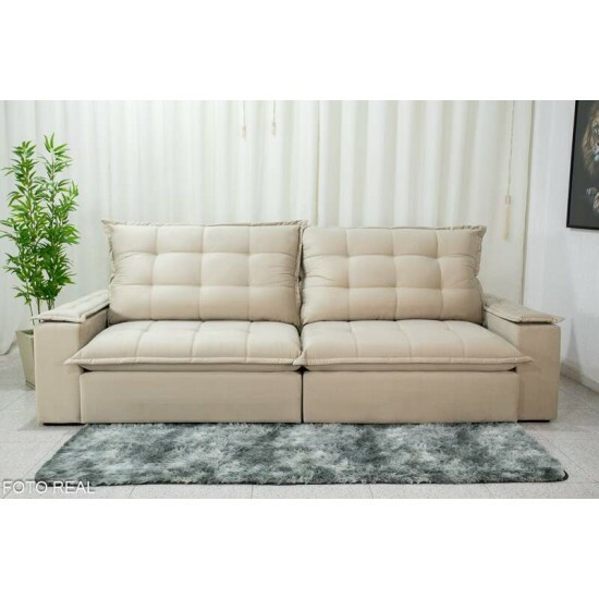 Sof� Retr�til Reclin�vel Atenas 2.90m Veludo Bege 818 - D33 e Molas Ensacadas