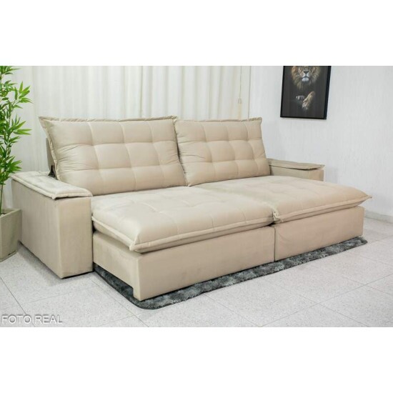 Sof� Retr�til Reclin�vel Atenas 2.90m Veludo Bege 818 - D33 e Molas Ensacadas