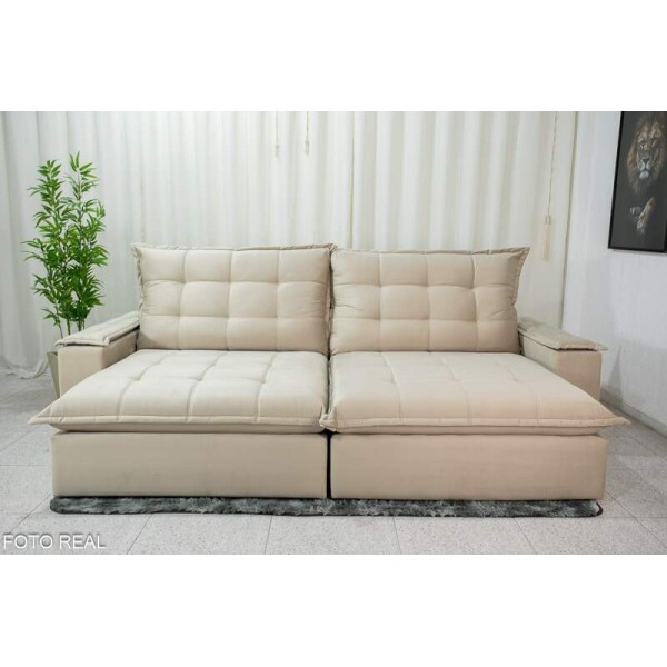Sof Retrtil Reclinvel Atenas 2.90m Veludo Bege 818 - D33 e Molas Ensacadas
