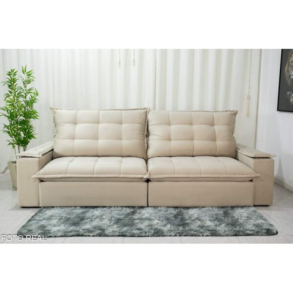 Sof Retrtil Reclinvel Atenas 2.90m Veludo Bege 818 - D33 e Molas Ensacadas