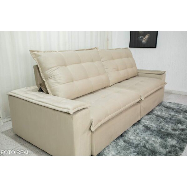 Sof Retrtil Reclinvel Atenas 2.90m Veludo Bege 818 - D33 e Molas Ensacadas