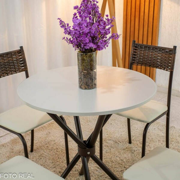Mesa Atlanta Base Ipanema Marrom Tampo Redondo Pedra Off 75x75 4 Cadeiras Assento Creme - Teixeira