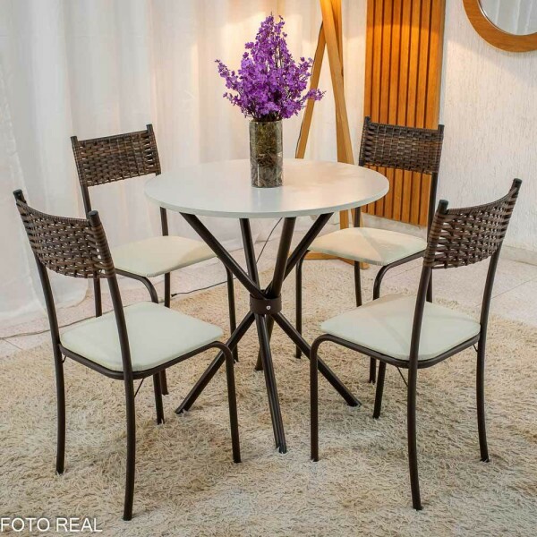 Mesa Atlanta Base Ipanema Marrom Tampo Redondo Pedra Off 75x75 4 Cadeiras Assento Creme - Teixeira