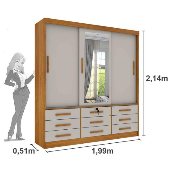 Guarda-Roupa Casal Chicago Larg. 1.99m 3 Portas c/Espelho Cinamomo/Off Tcil