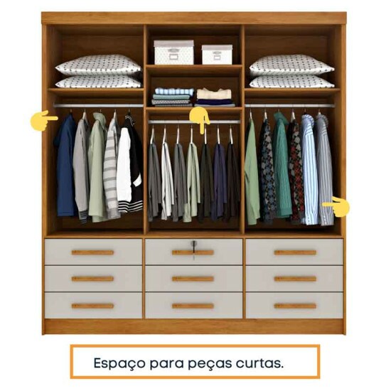 Guarda-Roupa Casal Chicago Larg. 1.99m 3 Portas c/Espelho Cinamomo/Off Tcil