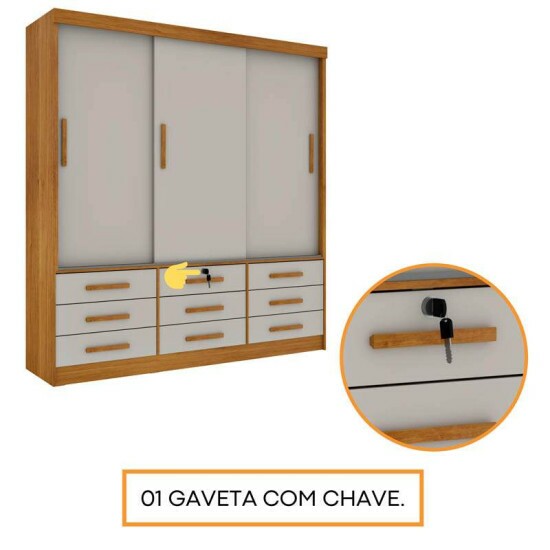 Guarda-Roupa Casal Chicago Larg. 1.99m 3 Portas c/Espelho Cinamomo/Off Tcil