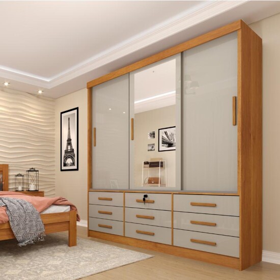 Guarda-Roupa Casal Chicago Larg. 1.99m 3 Portas c/Espelho Cinamomo/Off Tcil