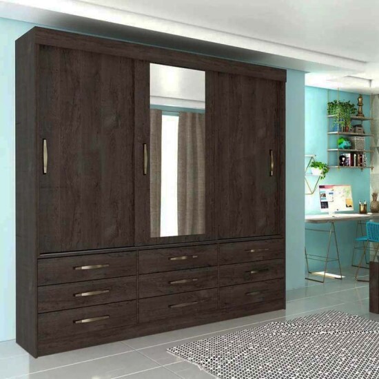 Guarda-Roupa Casal Chicago 3 Portas Larg. 1.99m c/Espelho Cumaru R�stico Tcil