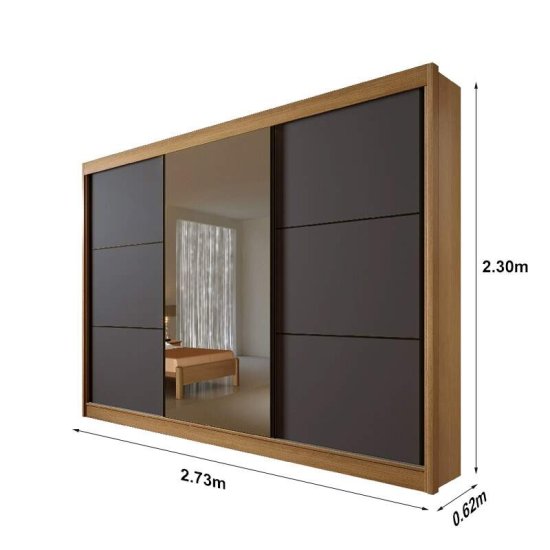 Guarda-roupa Casal 2,73m Los Angeles Cinamomo/Grafite/Cinamomo 3 Portas 6 Gavetas 100% MDF com Espelho - D Doro