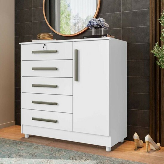 C�moda Vit�ria com 5 Gavetas e 1 Porta Branco com P�s - Rud Rack