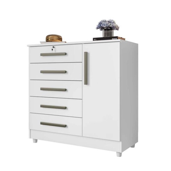 C�moda Vit�ria com 5 Gavetas e 1 Porta Branco com P�s - Rud Rack