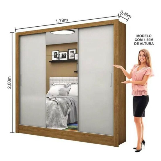Roupeiro Dubai Freij�/Branco 03 Portas C/ 1 Espelho Larg. 1.79m - Carioca