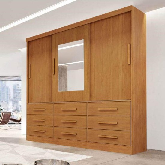Guarda-roupa Casal 1,80m Athenas Nature 3 Portas 9 Gavetas com Espelho - Bianchi