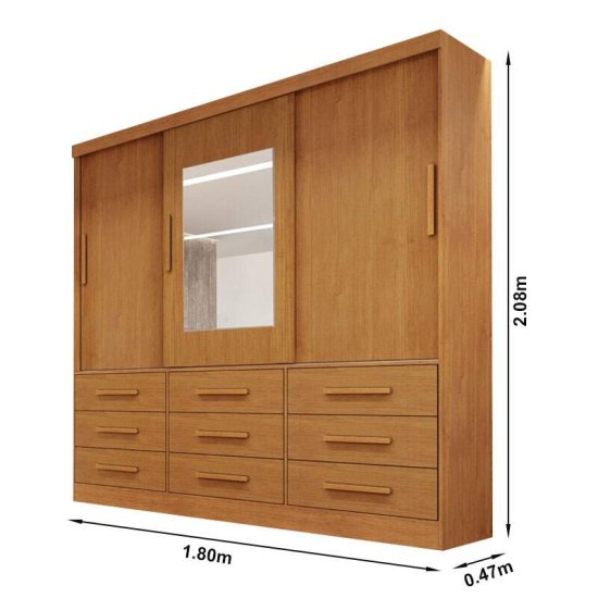 Guarda-roupa Casal 1,80m Athenas Nature 3 Portas 9 Gavetas com Espelho - Bianchi