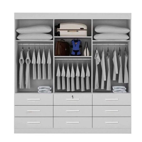 Guarda-roupa Casal Turim Branco 3 Portas 9 Gavetas C/ 1 Espelho 100% MDF Larg. 2.11 - Bianchi