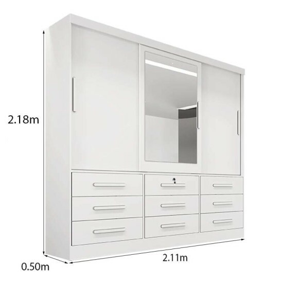 Guarda-roupa Casal Turim Branco 3 Portas 9 Gavetas C/ 1 Espelho 100% MDF Larg. 2.11 - Bianchi
