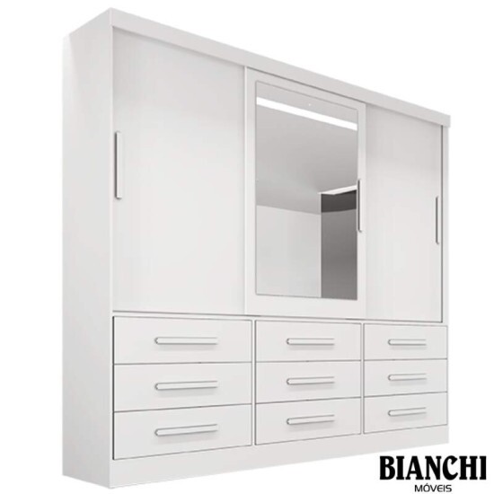 Guarda-roupa Casal Turim Branco 3 Portas 9 Gavetas C/ 1 Espelho 100% MDF Larg. 2.11 - Bianchi