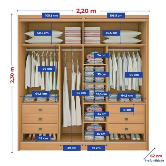 Guarda-roupa Casal 2,20m Titanium Branco Ripado 2 Portas 6 Gavetas 100% MDF com 1 Espelho - D Doro