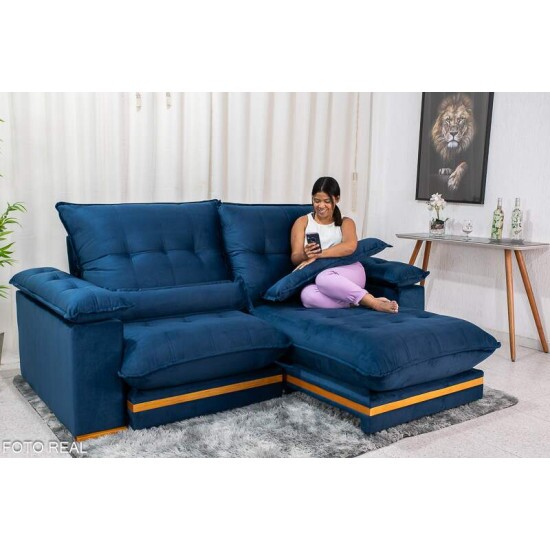 Sof Retrtil Reclinvel Ibis 2.50m Veludo Azul 800 - D33 e Molas Ensacadas