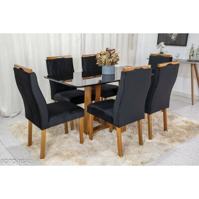 Mesa de Jantar Pedro Mel Vidro Preto 160�80 6 Cadeiras Lisboa Veludo Preto 504 Madeira Maci�a Art Assento - Entregue Montada