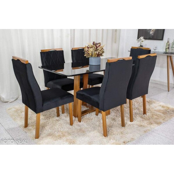 Mesa de Jantar Pedro Mel Vidro Preto 16080 6 Cadeiras Lisboa Veludo Preto 504 Madeira Macia Art Assento - Entregue Montada