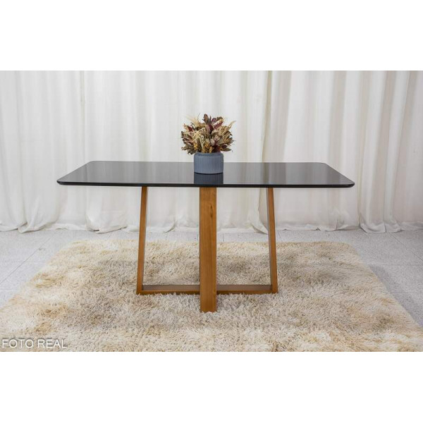 Mesa de Jantar Pedro Mel Vidro Preto 16080 6 Cadeiras Lisboa Veludo Preto 504 Madeira Macia Art Assento - Entregue Montada