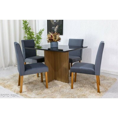 Mesa de Jantar Helo 12090 Tampo Grafite Vidro Preto 4 Cad. Roma Veludo Cinza 507