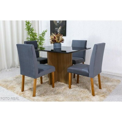 Mesa de Jantar Helo 12090 Tampo Grafite Vidro Preto 4 Cad. Roma Veludo Cinza 507
