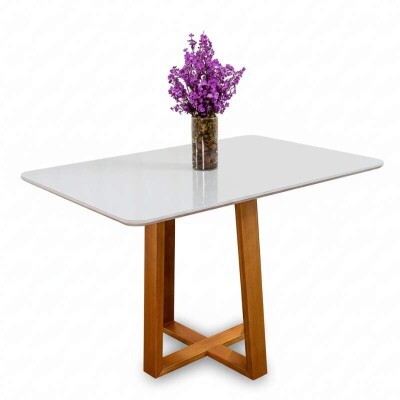 Mesa de Jantar Pedro 120x80 Vidro Off/Base Madeira Art Assento - Entregue Montada