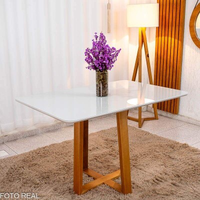 Mesa de Jantar Pedro 120x80 Vidro Off/Base Madeira Art Assento - Entregue Montada