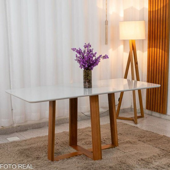 Mesa de Jantar Pedro 160x80 Vidro Off/Base Madeira Art Assento - Entregue Montada