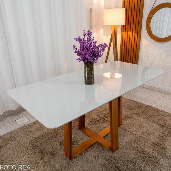 Mesa de Jantar Pedro 160x80 Vidro Off/Base Madeira Art Assento - Entregue Montada