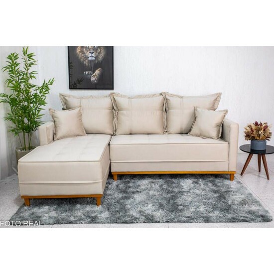 Sof� 3 Lug. Mil�o C/Chaise Lado Direito Veludo Bege 818 Larg. 2.30m - Molas Ensacadas