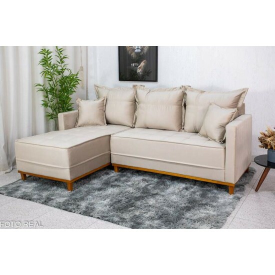 Sof� 3 Lug. Mil�o C/Chaise Lado Direito Veludo Bege 818 Larg. 2.30m - Molas Ensacadas