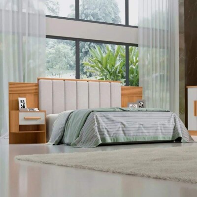 Cabeceira Casal ris Cinamomo/Off Larg. 1.40m Acolchoada Linho Bege e Detalhe Ripado - D Doro