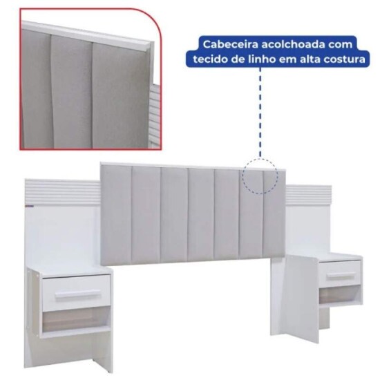 Cabeceira Casal ris Cinamomo/Off Larg. 1.40m Acolchoada Linho Bege e Detalhe Ripado - D Doro