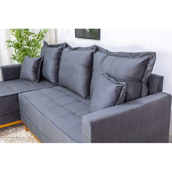 Sof 3 Lug. Milo C/Chaise Lado Direito Veludo Cinza 814 Larg. 2.30m - Molas Ensacadas