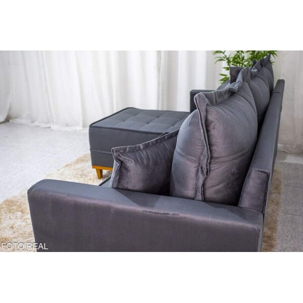 Sof 3 Lug. Milo C/Chaise Lado Direito Veludo Cinza 814 Larg. 2.30m - Molas Ensacadas