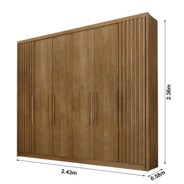 Guarda-Roupa Casal Santoro 6 Portas C/Detalhe Ripado 100% MDF Larg. 2.43m Cumaru - Novo Horizonte