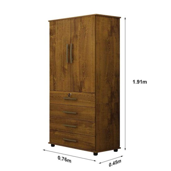 Guarda-Roupa Solteiro 2 portas 4 Gavetas Maia Larg. 0.76m Rovere Rustico Benetil