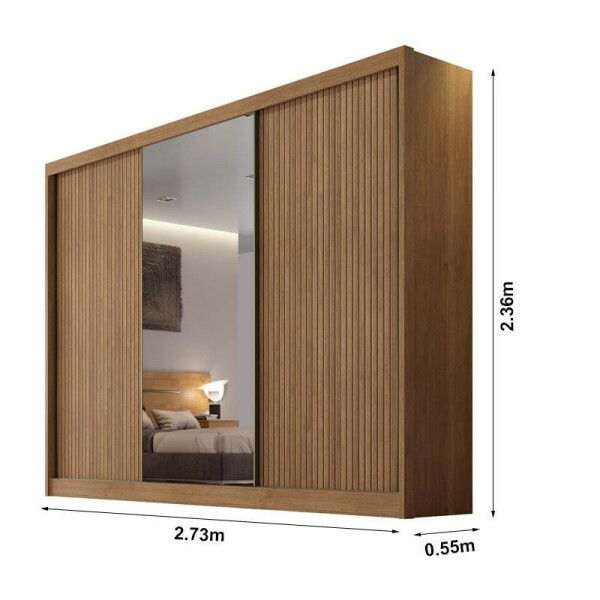 Guarda-Roupa Casal 3 Pts 8 Gav. Sollo Plus Ripado 3D c/1Espelho 100% MDF Cumaru Larg. 2.73m Novo Horizonte