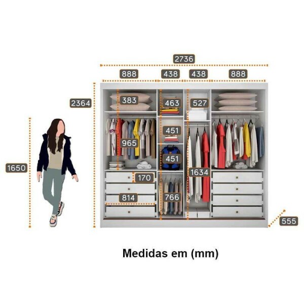 Guarda-Roupa Casal 3 Pts 8 Gav. Sollo Plus Ripado 3D c/1Espelho 100% MDF Cumaru Larg. 2.73m Novo Horizonte