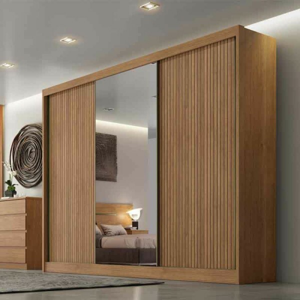 Guarda-Roupa Casal 3 Pts 8 Gav. Sollo Plus Ripado 3D c/1Espelho 100% MDF Cumaru Larg. 2.73m Novo Horizonte