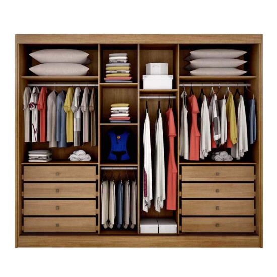 Roupeiro Diamond Plus Cumaru 3 Portas 8 Gavetas C/ 1 Espelho Ripado 3D Larg. 2.41m 100% MDF - Novo Horizonte