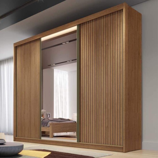 Roupeiro Diamond Plus Cumaru 3 Portas 8 Gavetas C/ 1 Espelho Ripado 3D Larg. 2.41m 100% MDF - Novo Horizonte
