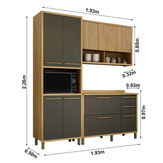 Cozinha Torino 3 Pe�as Paneleiro + Balc�o + A�reo Cinamomo/Grafite - Valdemoveis